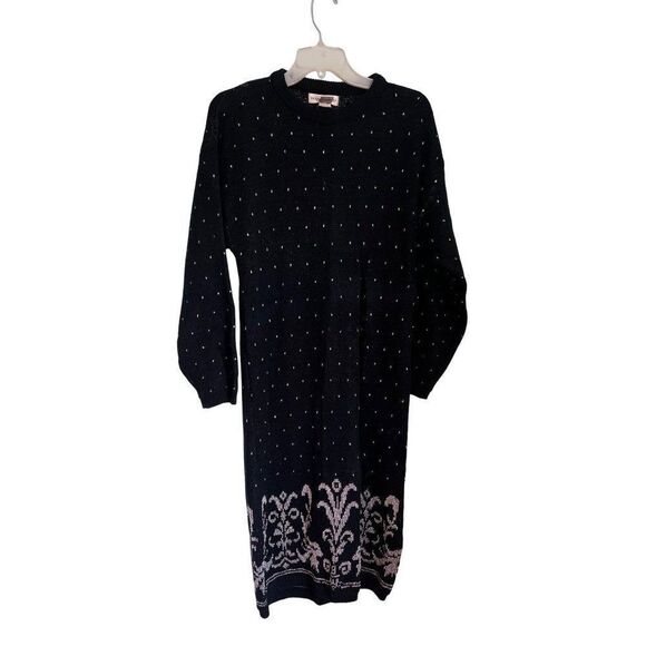 susan sung Dresses & Skirts - vtgHana Sung Womens Sz small Black Knit‎ Silver Brocade acrylic Sweater dress